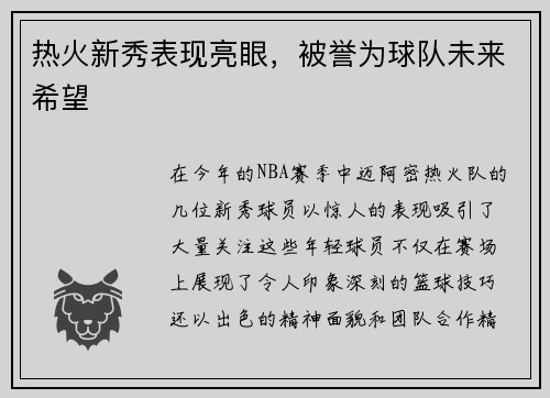 热火新秀表现亮眼，被誉为球队未来希望