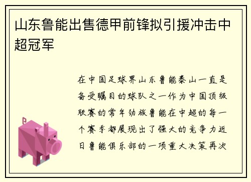 山东鲁能出售德甲前锋拟引援冲击中超冠军